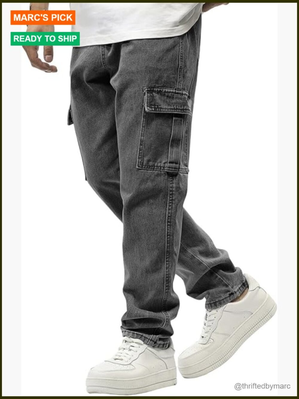 Elastic Waist Cargo Jeans Stretch Denim Drawstring Relaxed Fit Casual